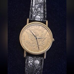 Cardini Ten Dollar Coin Quartz Wristwatch Gold Case Black Leather Strap Analog